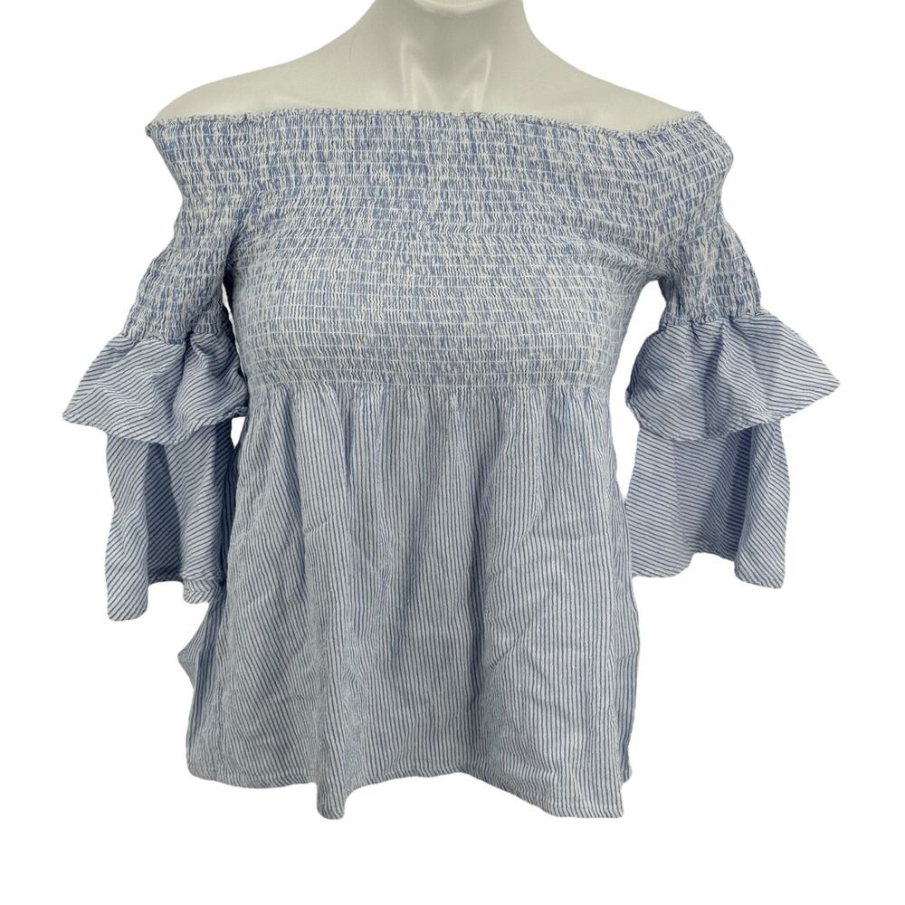 Cavalini Smocked Shirred Top SZ L Blue Women's Off the Shoulder Coastal Resort